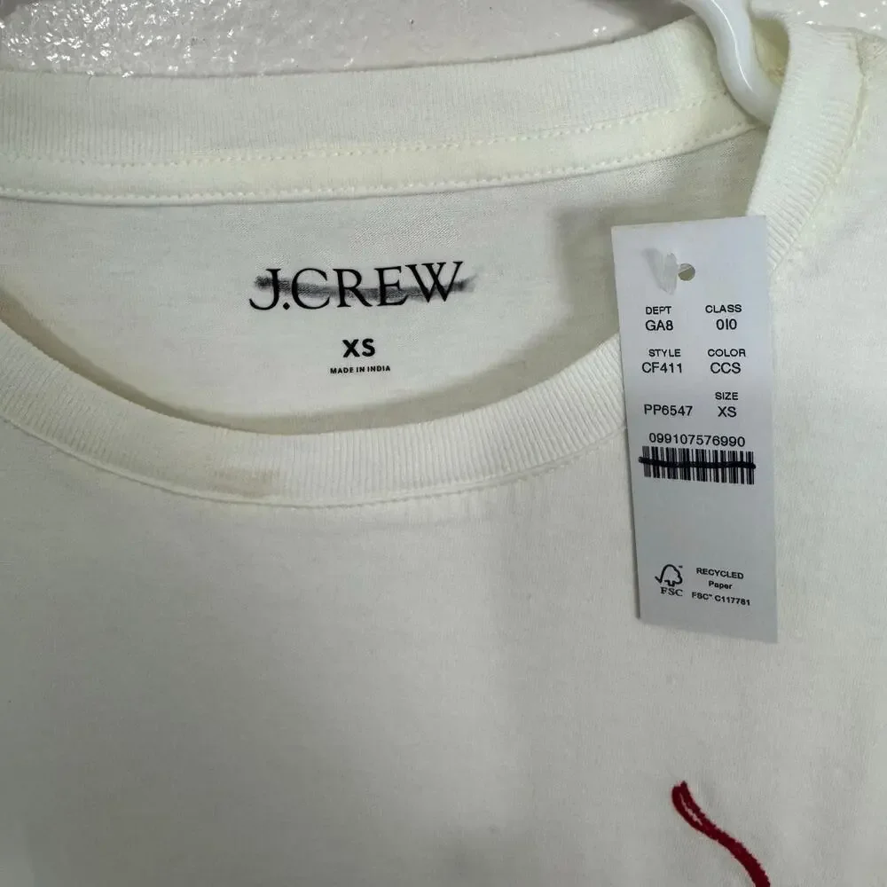J.Crew T-Shirt WMNS XS White Red Cherry Embroidered Cerise Chérie Minimalist